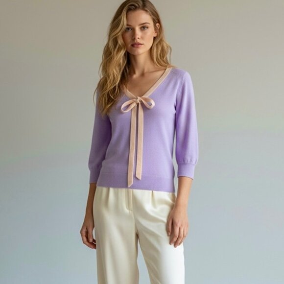 Authentic VTG Dolce & Gabbana Cashmere Sweater Sz 6 Purple Bow Coquette - Picture 1 of 12